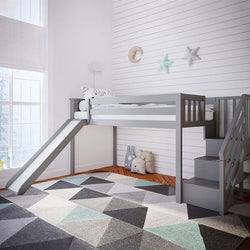 180225-121 : Loft Beds Twin Low Loft with Stairs and Slide, Grey