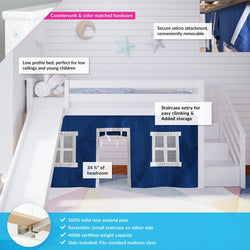 180225002022 : Loft Beds Twin Low Loft With Stairs & Slide With Curtains, White + Blue Curtain