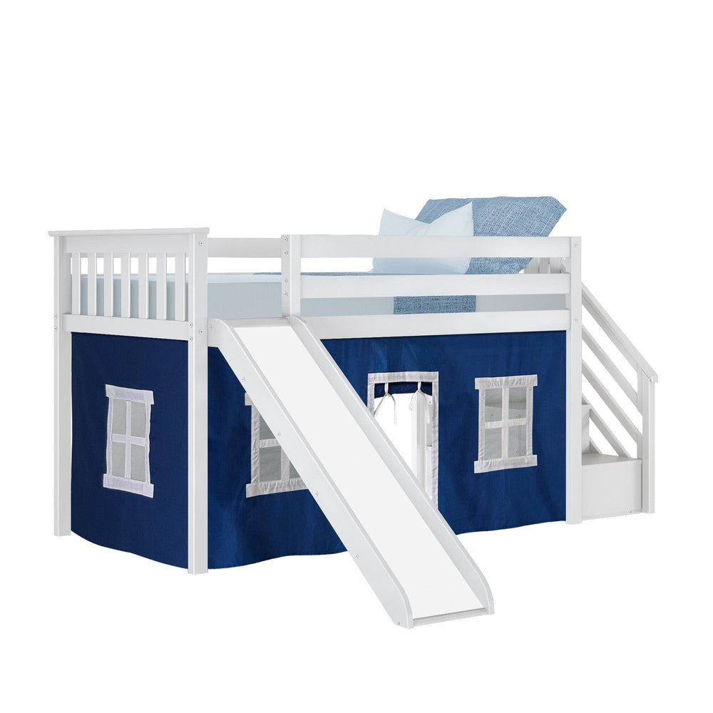 180225002022 : Loft Beds Twin Low Loft With Stairs & Slide With Curtains, White + Blue Curtain