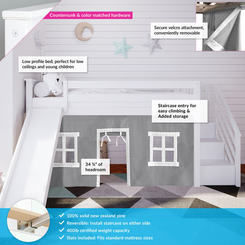 Twin Low Loft with Stairs and Slide with Curtains