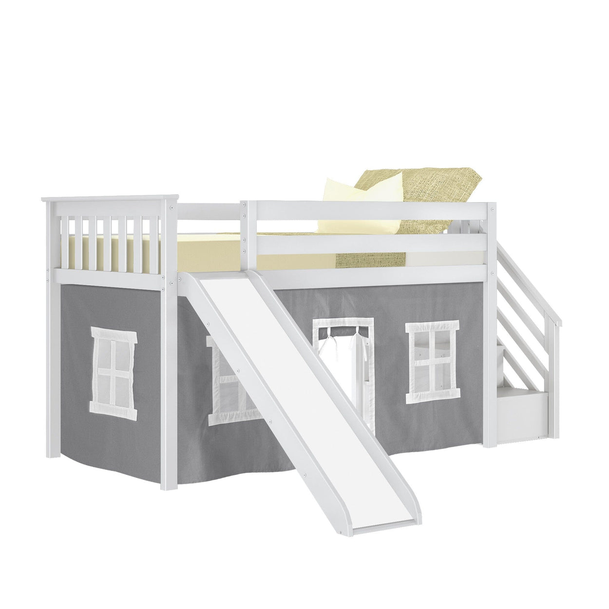 180225002054 : Loft Beds Twin Low Loft with Stairs and Slide with Curtains, White + Grey Curtain