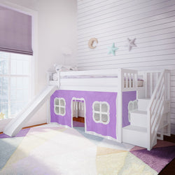 180225002061 : Loft Beds Twin Low Loft with Stairs and Slide with Curtains, White + Purple Curtain