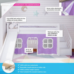 180225002061 : Loft Beds Twin Low Loft With Stairs & Slide With Curtains, White + Purple Curtain