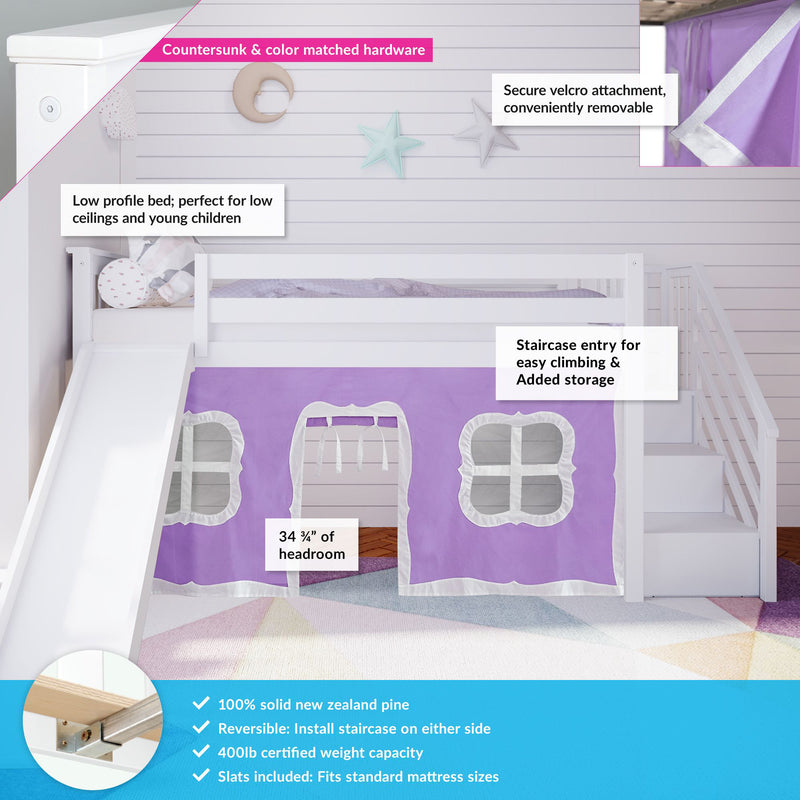 Twin Low Loft with Stairs and Slide with Curtains