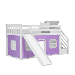 180225002061 : Loft Beds Twin Low Loft With Stairs & Slide With Curtains, White + Purple Curtain