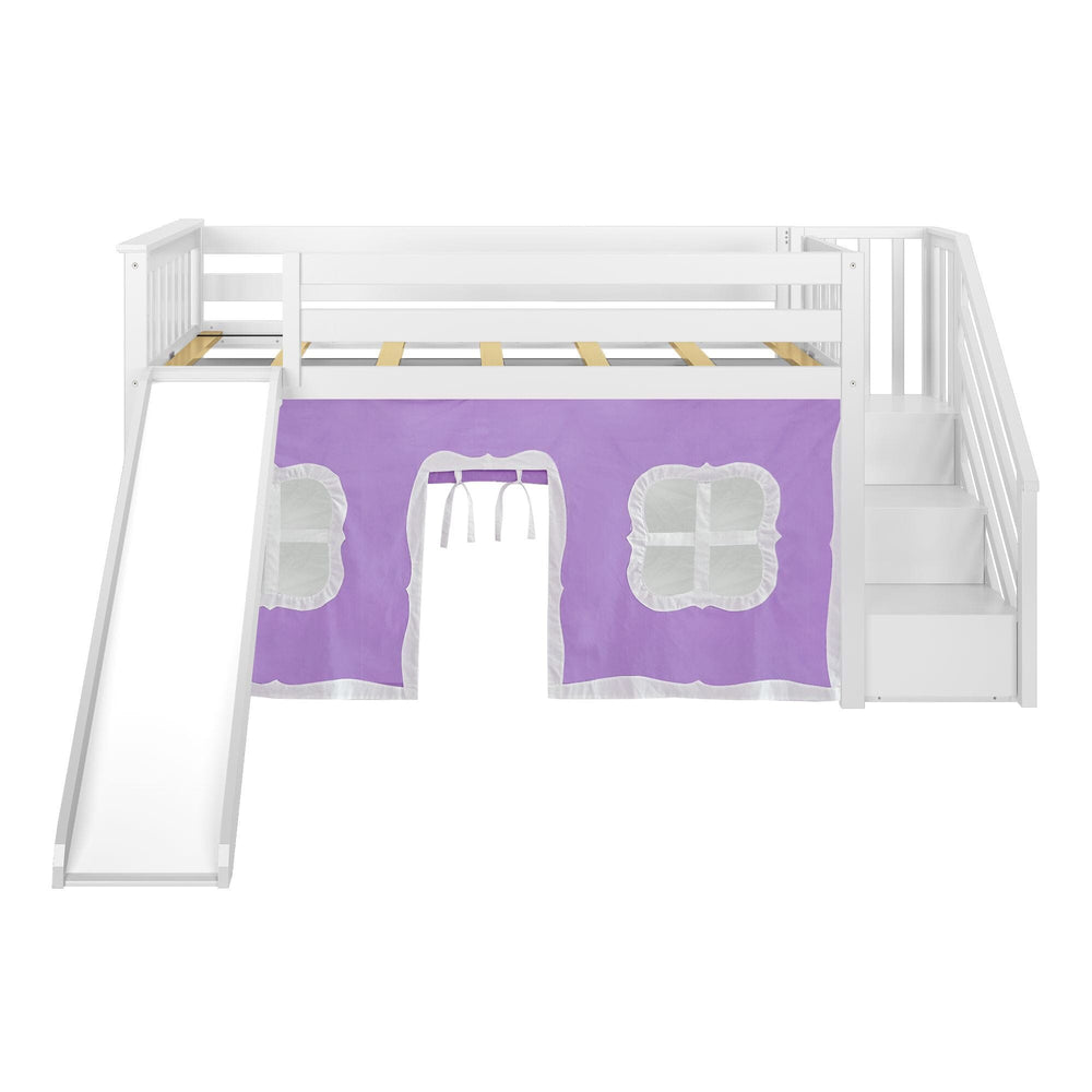 180225002061 : Loft Beds Twin Low Loft With Stairs & Slide With Curtains, White + Purple Curtain