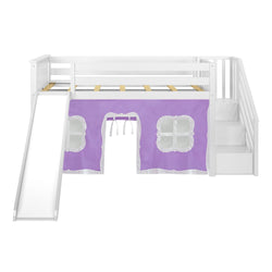 180225002061 : Loft Beds Twin Low Loft with Stairs and Slide with Curtains, White + Purple Curtain