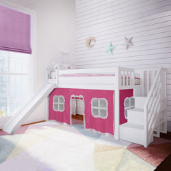 180225002078 : Loft Beds Twin Low Loft with Stairs and Slide with Curtains, White + Pink Curtain