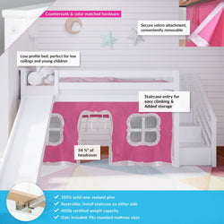 180225002078 : Loft Beds Twin Low Loft With Stairs & Slide With Curtains, White + Pink Curtain