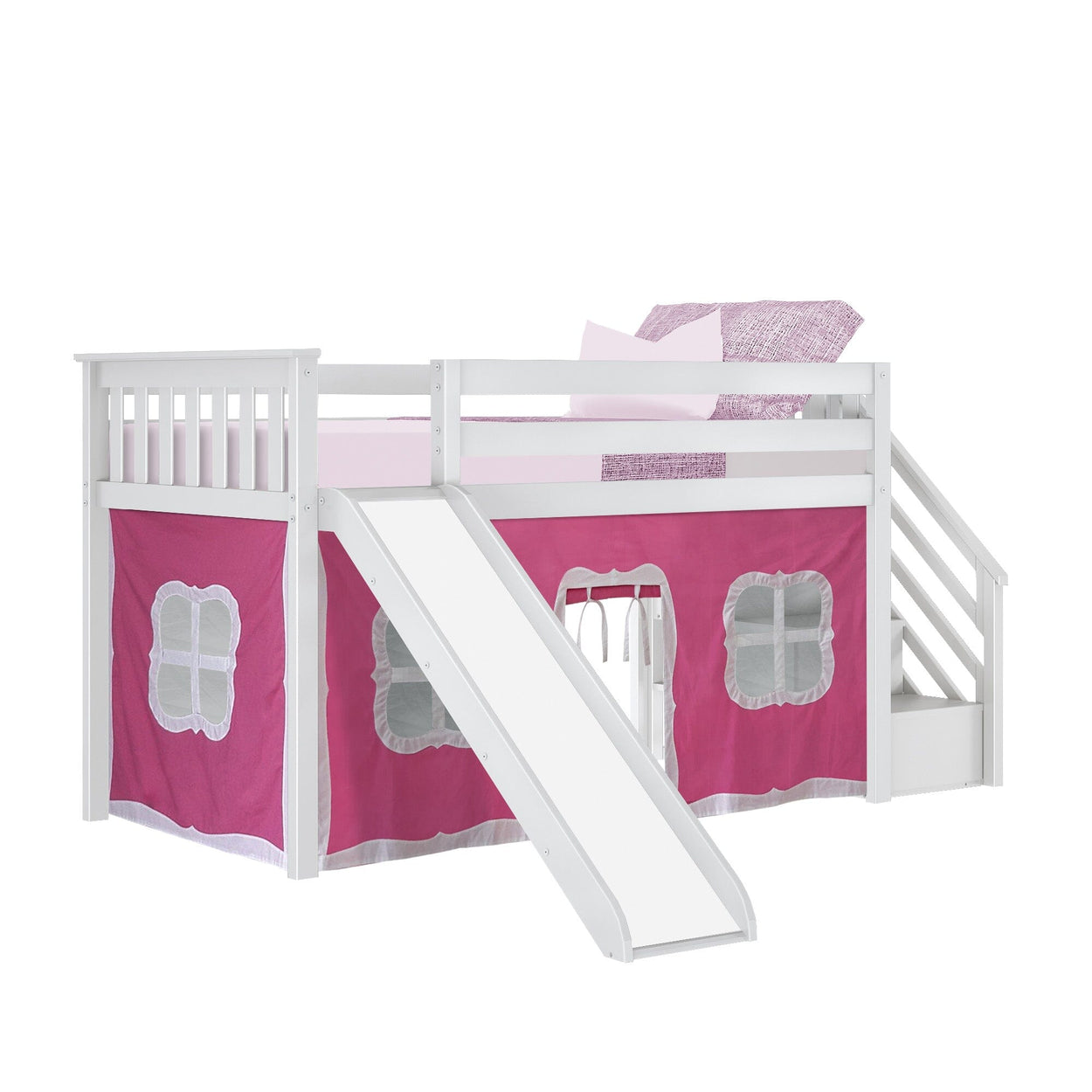 180225002078 : Loft Beds Twin Low Loft with Stairs and Slide with Curtains, White + Pink Curtain