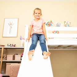 180225002078 : Loft Beds Twin Low Loft With Stairs & Slide With Curtains, White + Pink Curtain