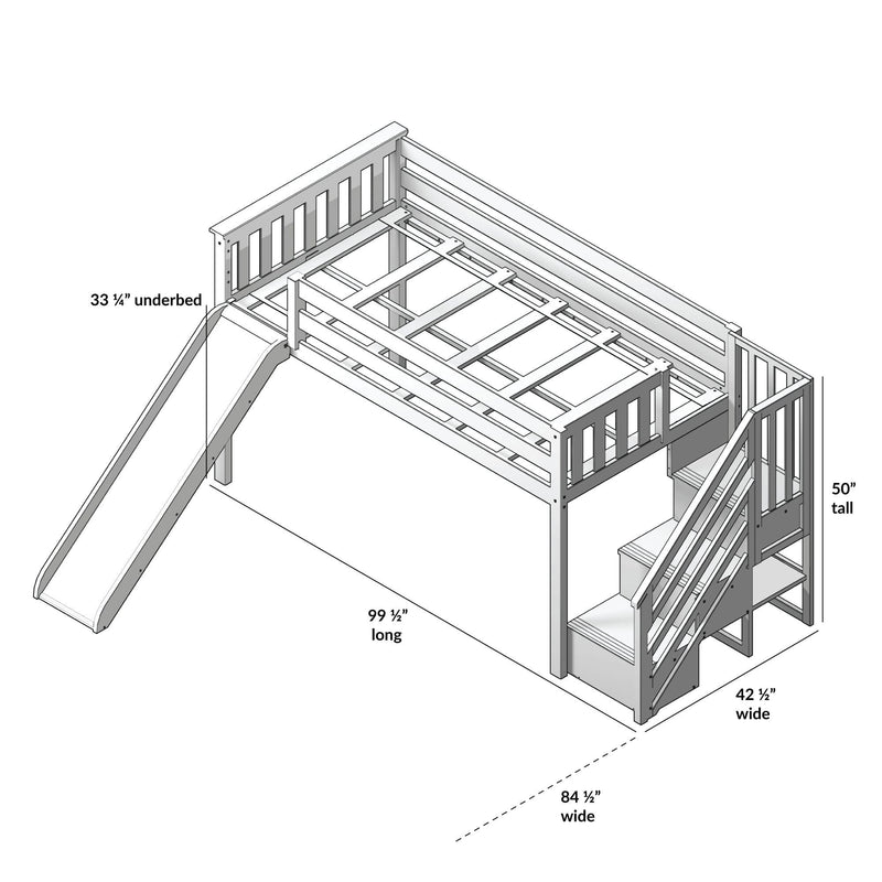Loft bed with built-in ladder and slide, featuring dimensions including height, width, and length.