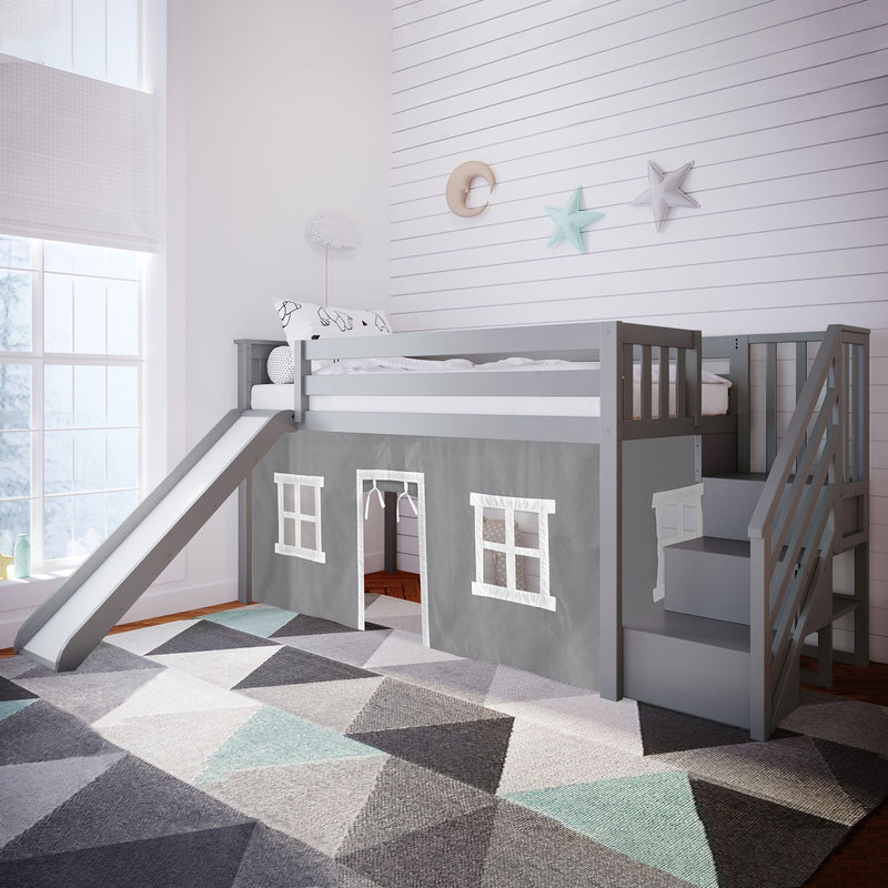 Gray loft bed with slide and stairs in a white kids' room.