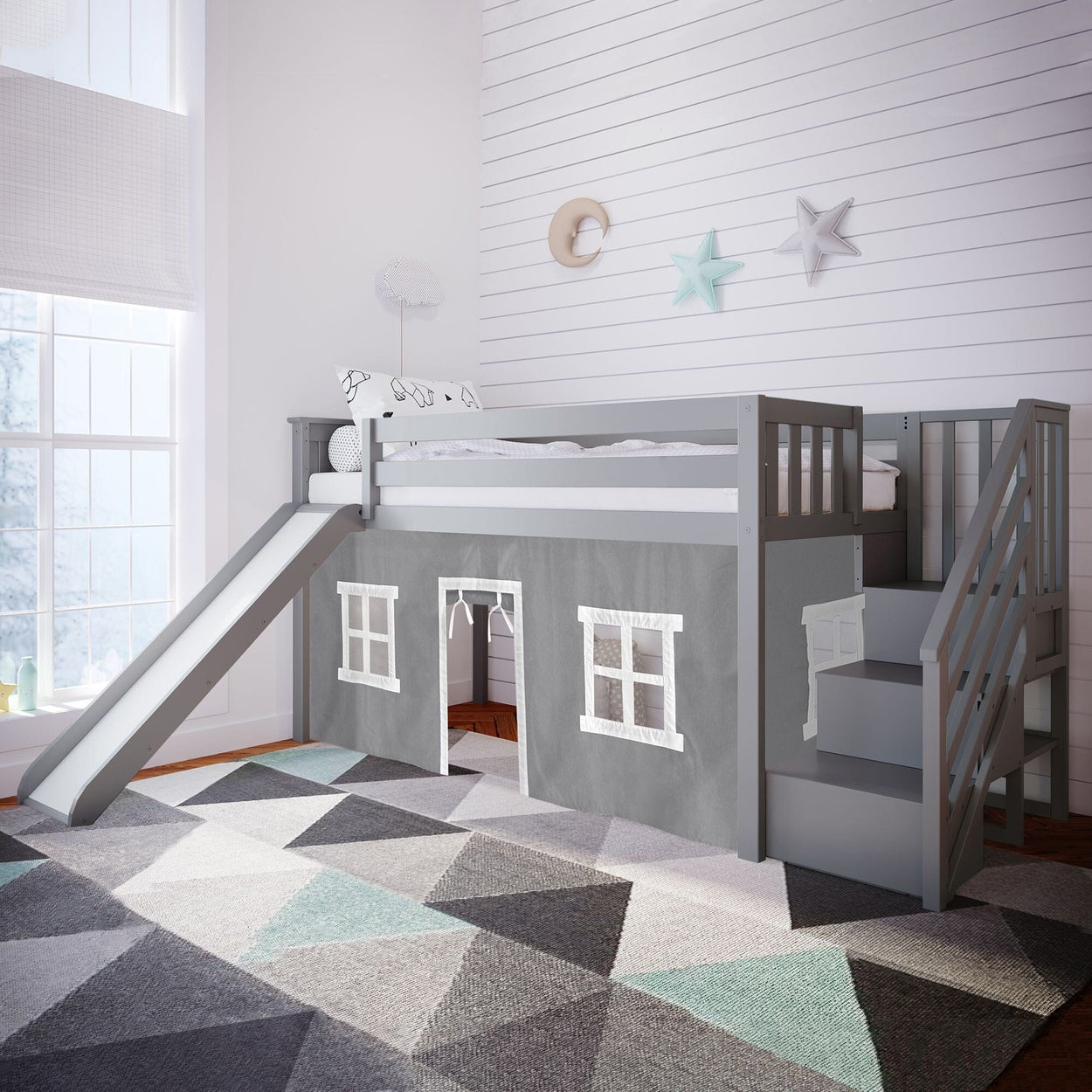 180225121054 : Loft Beds Twin Low Loft with Stairs and Slide with Curtains, Grey + Grey Curtain