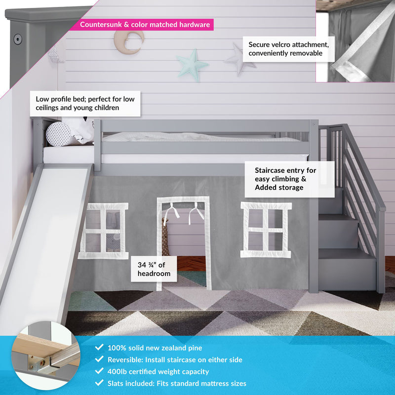 Children's gray loft bed with slide and staircase, featuring countersunk hardware, velcro-attachable curtain, and New Zealand pine construction, ideal for low ceilings and added storage.
