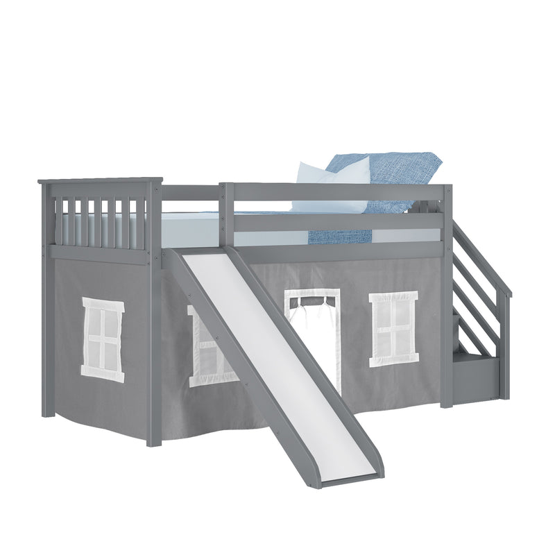 Gray children's loft bed with slide and playhouse curtains, designed for fun and space-saving in kids' bedrooms.