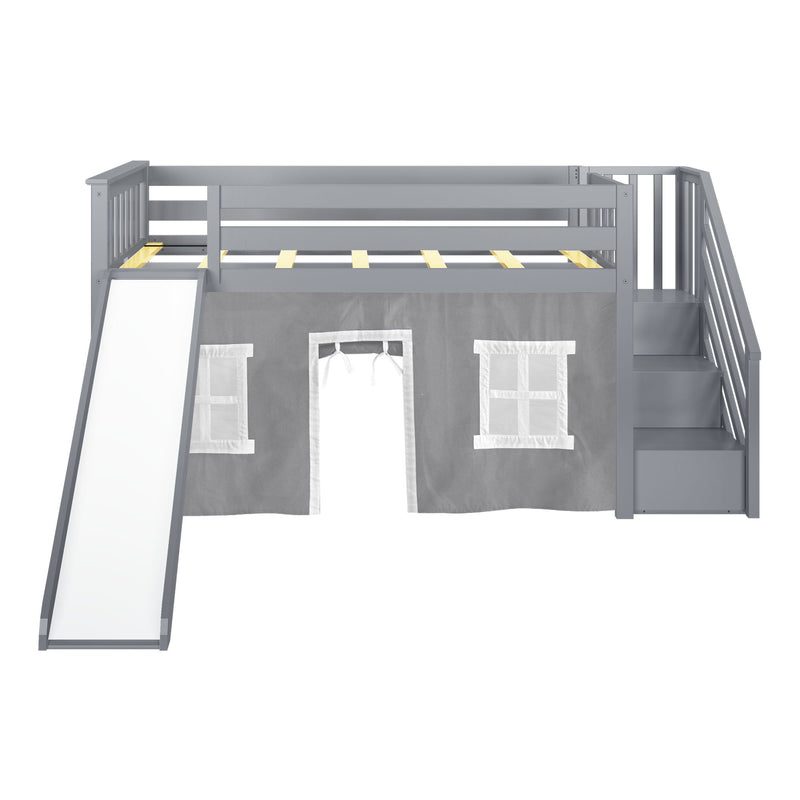 Gray children's loft bed with slide and stairs, featuring playhouse tent and window design.