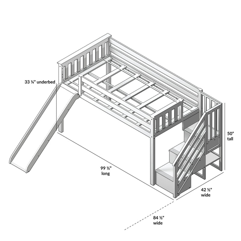 Wooden loft bed with slide, stairs, and guardrails, featuring detailed measurements for height, width, and length.