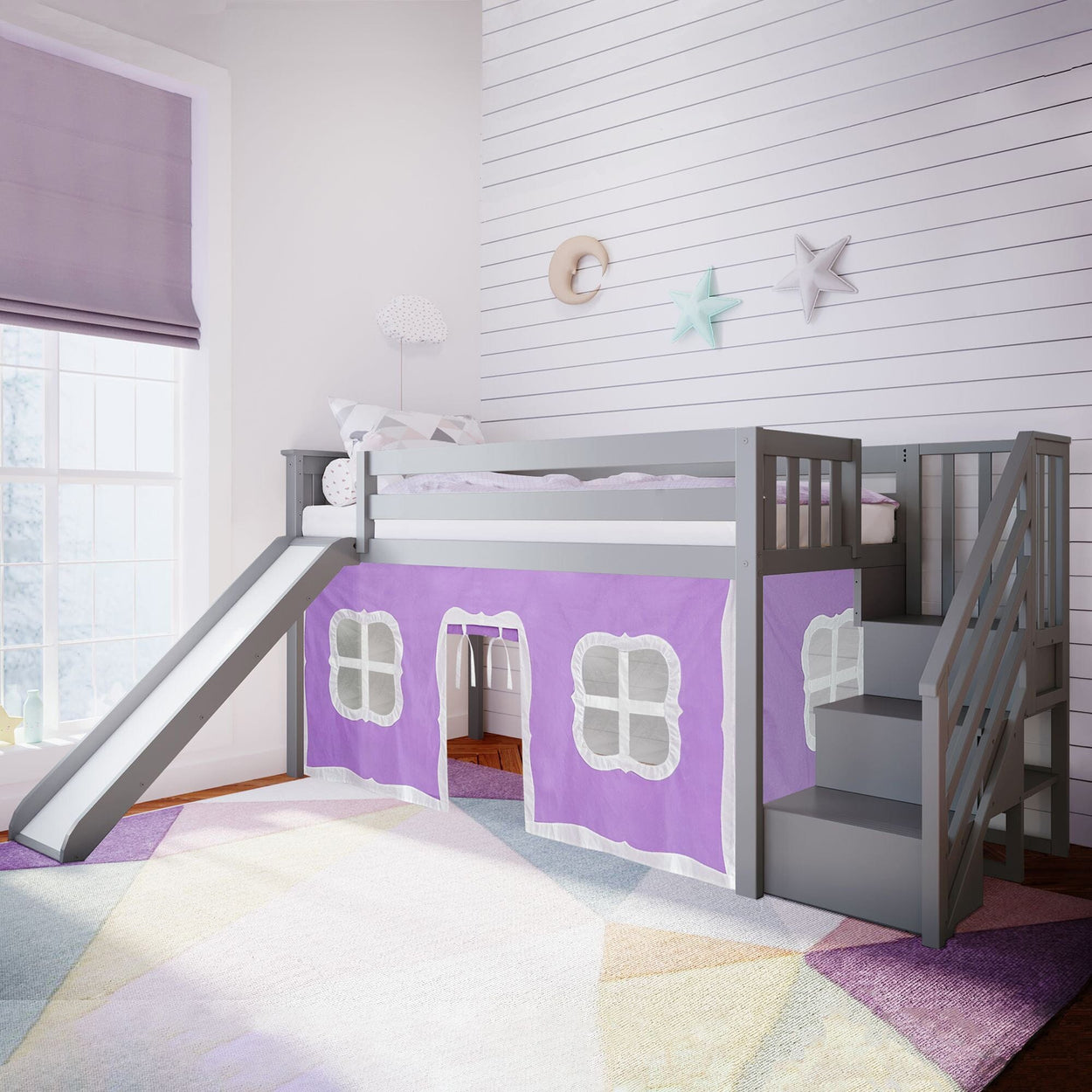 180225121061 : Loft Beds Twin Low Loft with Stairs and Slide with Curtains, Grey + Purple Curtain
