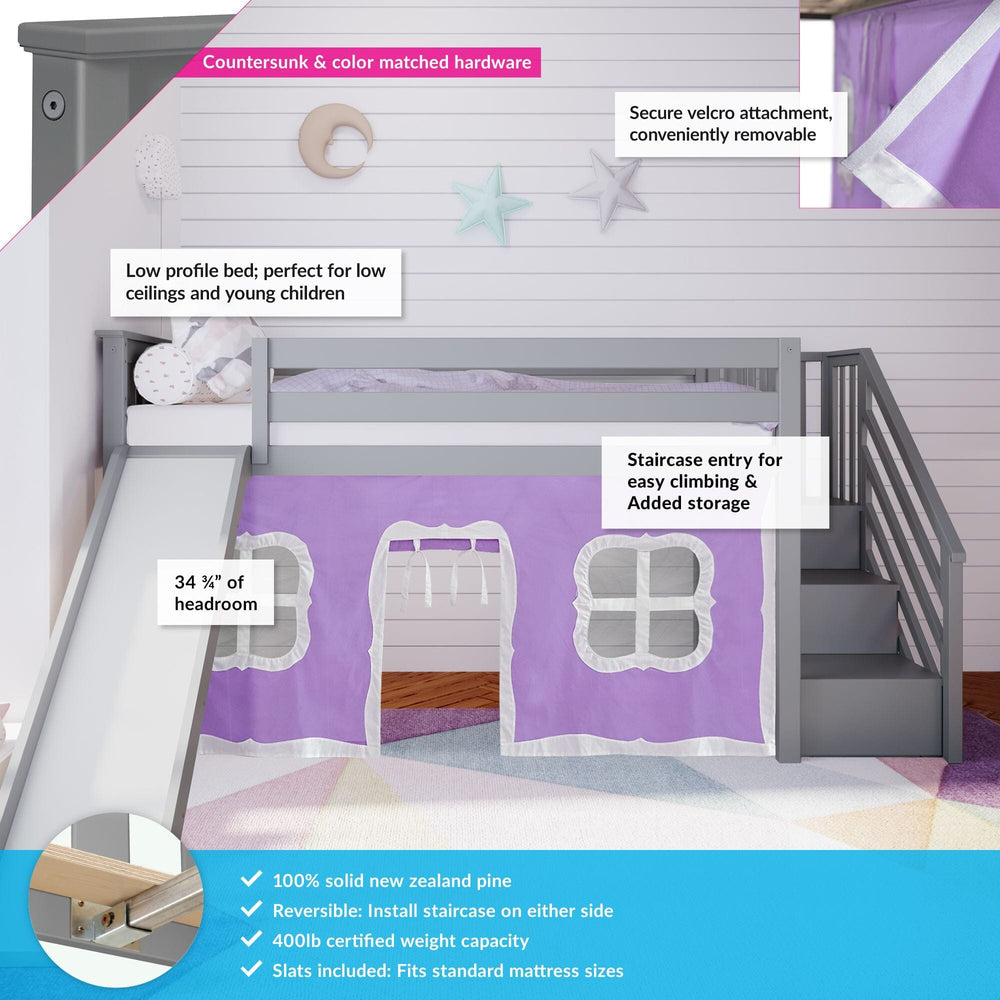 180225121061 : Loft Beds Twin Low Loft With Stairs & Slide With Curtains, Grey + Purple Curtain