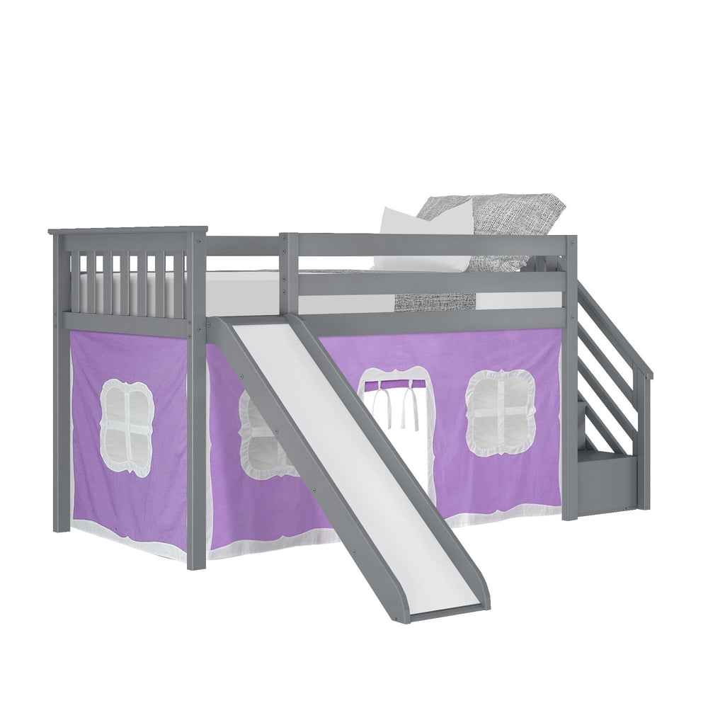 180225121061 : Loft Beds Twin Low Loft With Stairs & Slide With Curtains, Grey + Purple Curtain