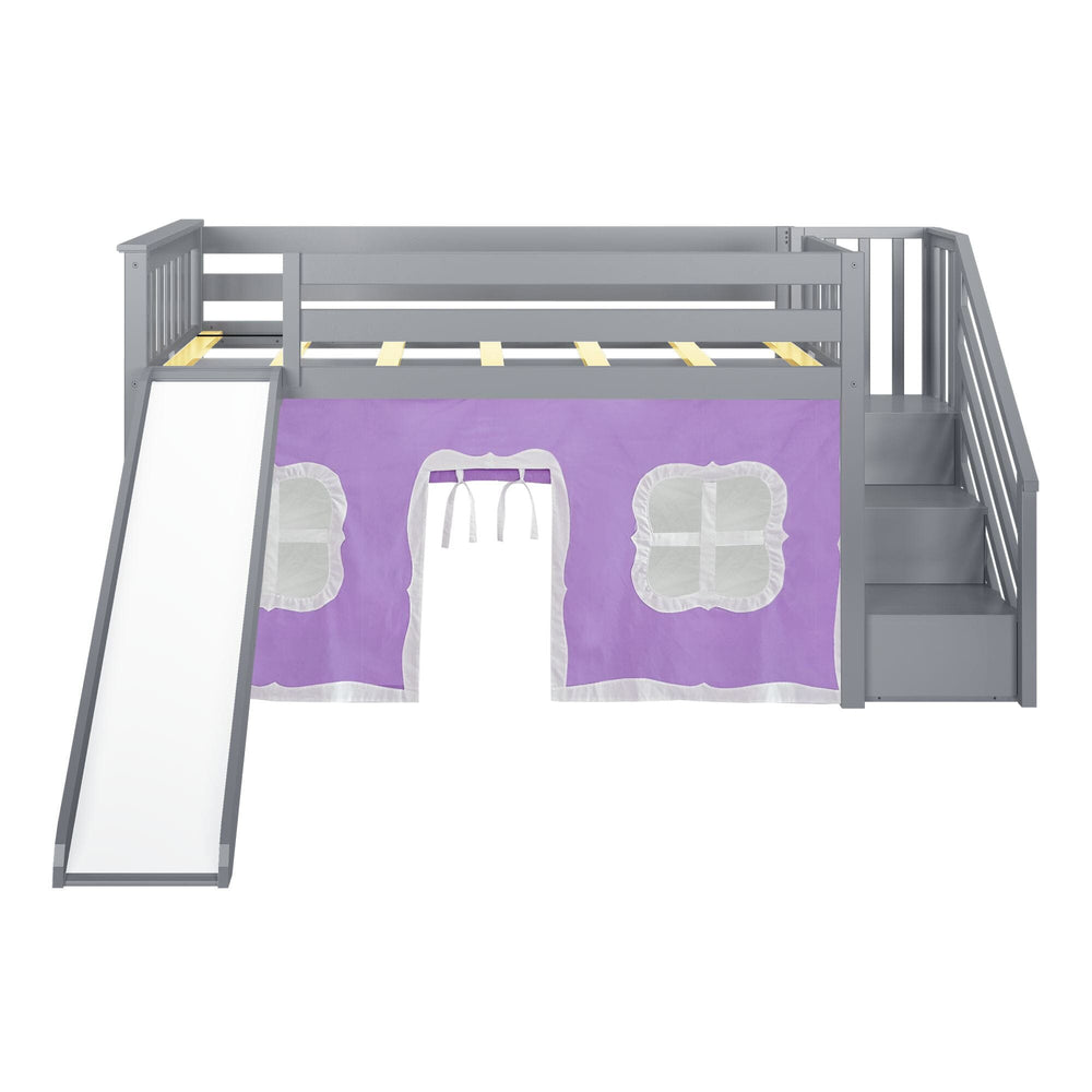 180225121061 : Loft Beds Twin Low Loft With Stairs & Slide With Curtains, Grey + Purple Curtain