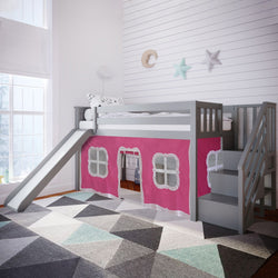 180225121078 : Loft Beds Twin Low Loft With Stairs & Slide With Curtains, Grey + Pink Curtain