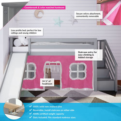 180225121078 : Loft Beds Twin Low Loft With Stairs & Slide With Curtains, Grey + Pink Curtain