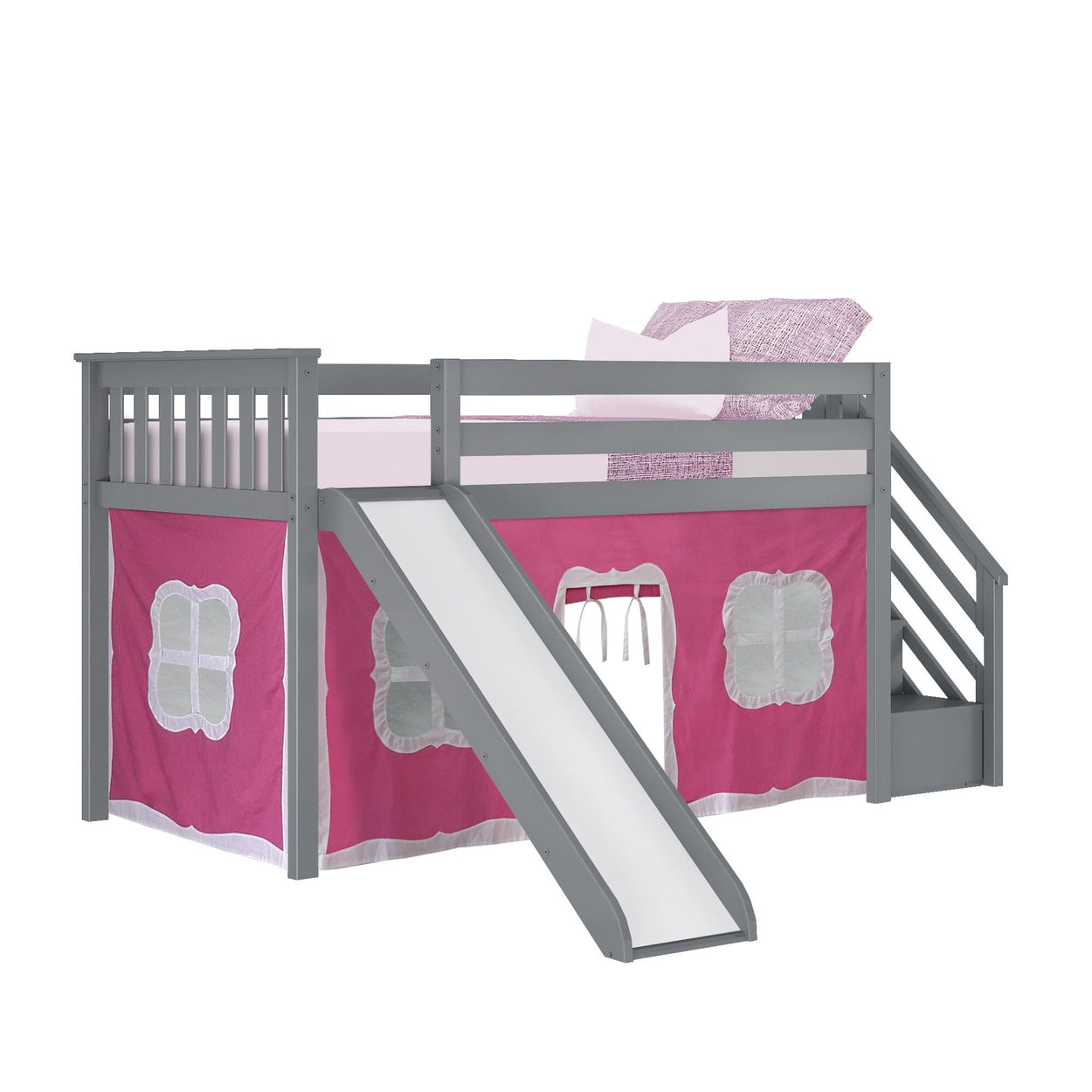 180225121078 : Loft Beds Twin Low Loft with Stairs and Slide with Curtains, Grey + Pink Curtain