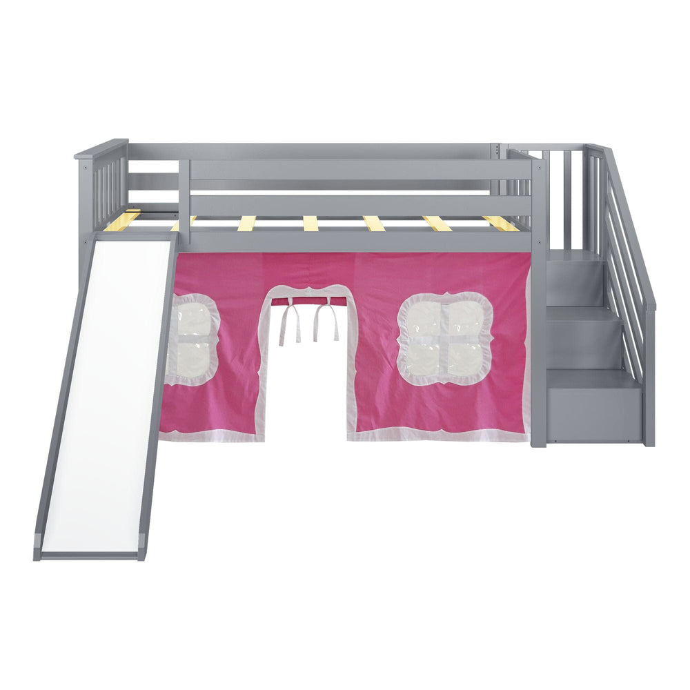 180225121078 : Loft Beds Twin Low Loft With Stairs & Slide With Curtains, Grey + Pink Curtain