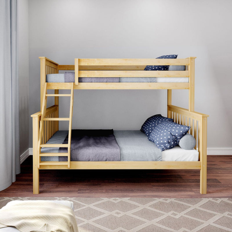 Wooden bunk bed with ladder in a modern bedroom featuring cozy bedding.