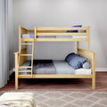 Light natural wood bunk bed with ladder in modern children's bedroom, navy star-pattern pillows, gray bedding, hardwood floor and neutral geometric rug
