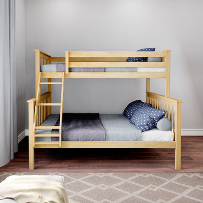 Light natural wood bunk bed with ladder in modern children's bedroom, navy star-pattern pillows, gray bedding, hardwood floor and neutral geometric rug