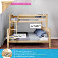 Solid New Zealand pine twin-over-full bunk bed in natural finish — ladder with non-slip grooved steps, 31 1/4 in headroom with 5 in mattress, 400 lb support bar, slats included, reversible ladder, ideal kids bedroom