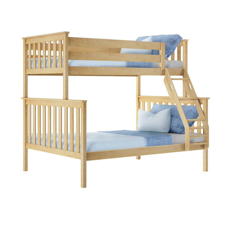 Light natural wood twin-over-full bunk bed with angled ladder, slatted guardrails and blue bedding — space-saving kids' bedroom furniture