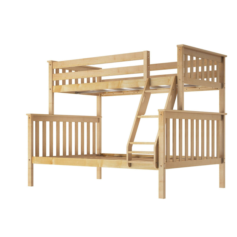 Wooden twin over twin bunk bed with ladder, ideal for maximizing space in children's bedrooms.