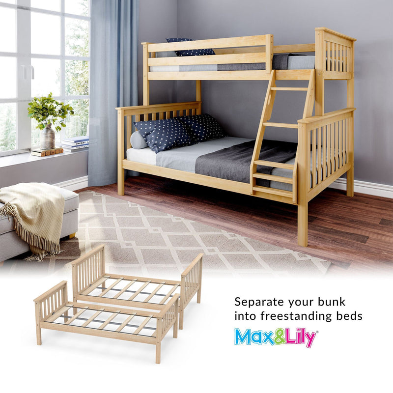 Wooden bunk bed that separates into freestanding beds, featured in a modern bedroom with natural light and stylish decor.