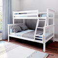 White wooden bunk bed with ladder and guardrails in a modern kids' bedroom with blue-gray bedding on a hardwood floor