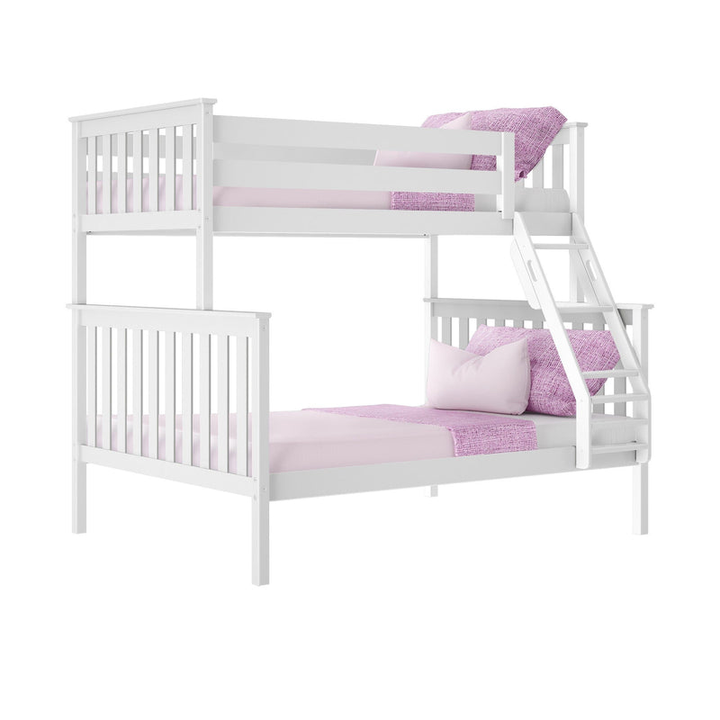 White wood twin over full bunk bed with pink bedding and built-in ladder.