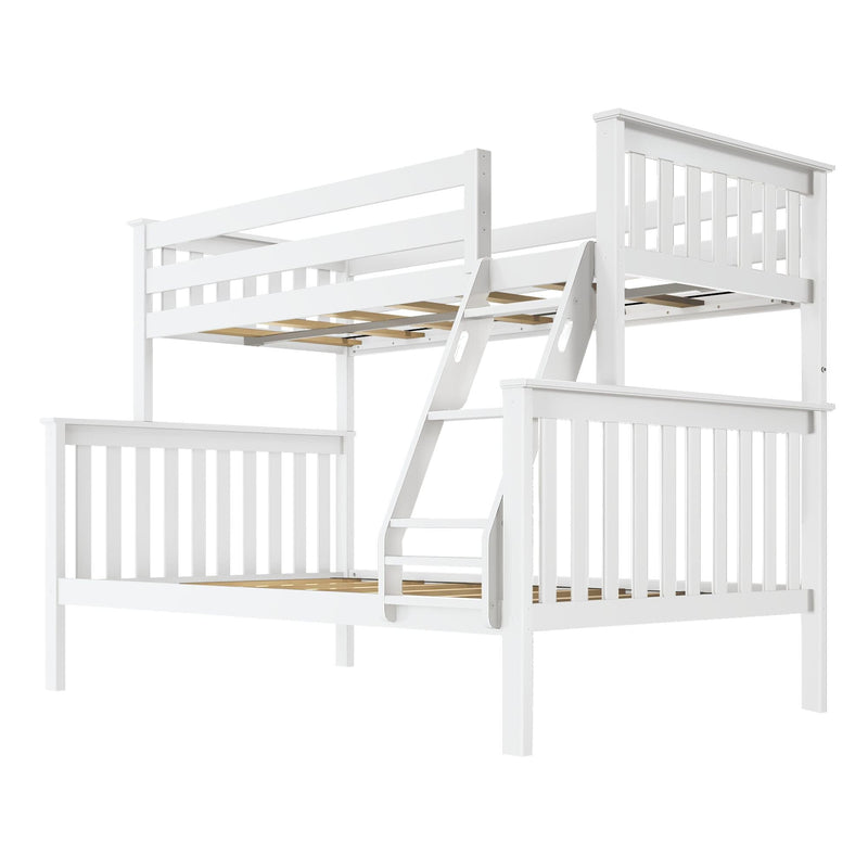 White wooden twin over full bunk bed with ladder and slatted design.