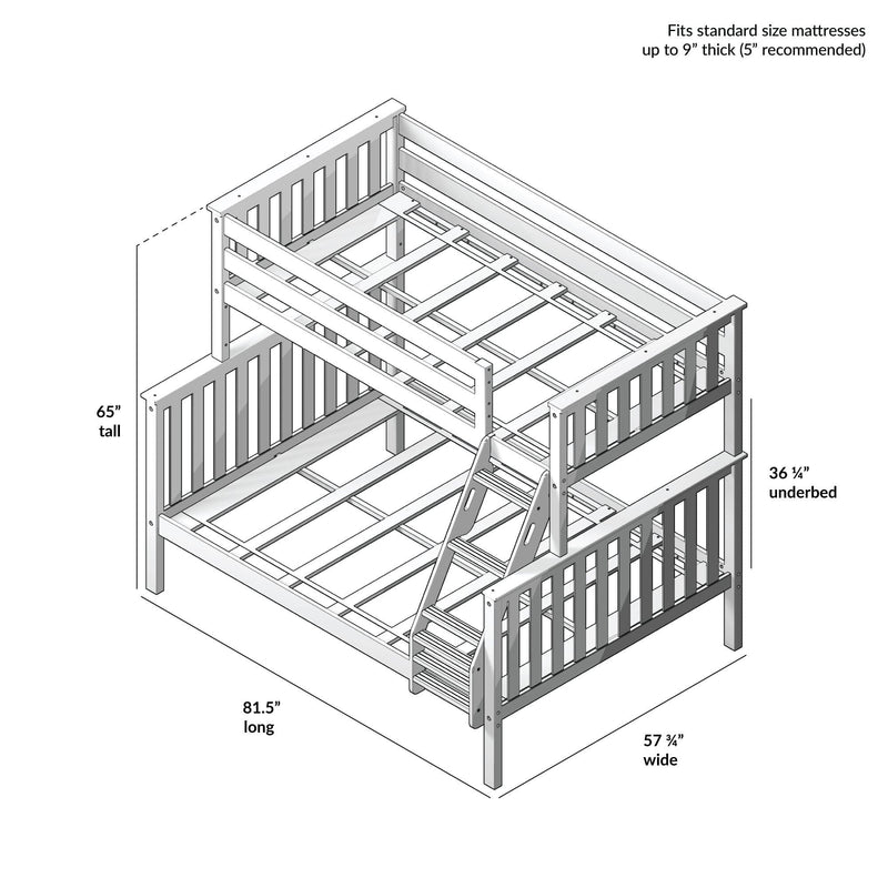Wooden bunk bed with ladder, suitable for standard size mattresses, dimensions 65 inches tall, 81.5 inches long, 57.75 inches wide.