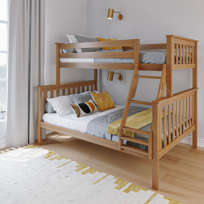 Wooden bunk bed with grey and yellow bedding in a modern bedroom setting, showcasing functional design and optimal space usage.