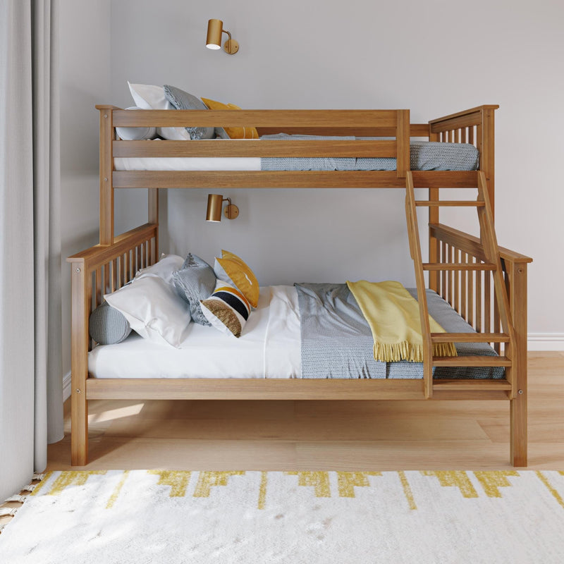 Wooden bunk bed with cozy gray and yellow bedding in a modern bedroom.