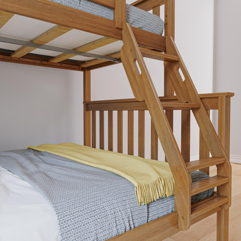 Wooden bunk bed with ladder and cozy gray and yellow bedding in bright room.