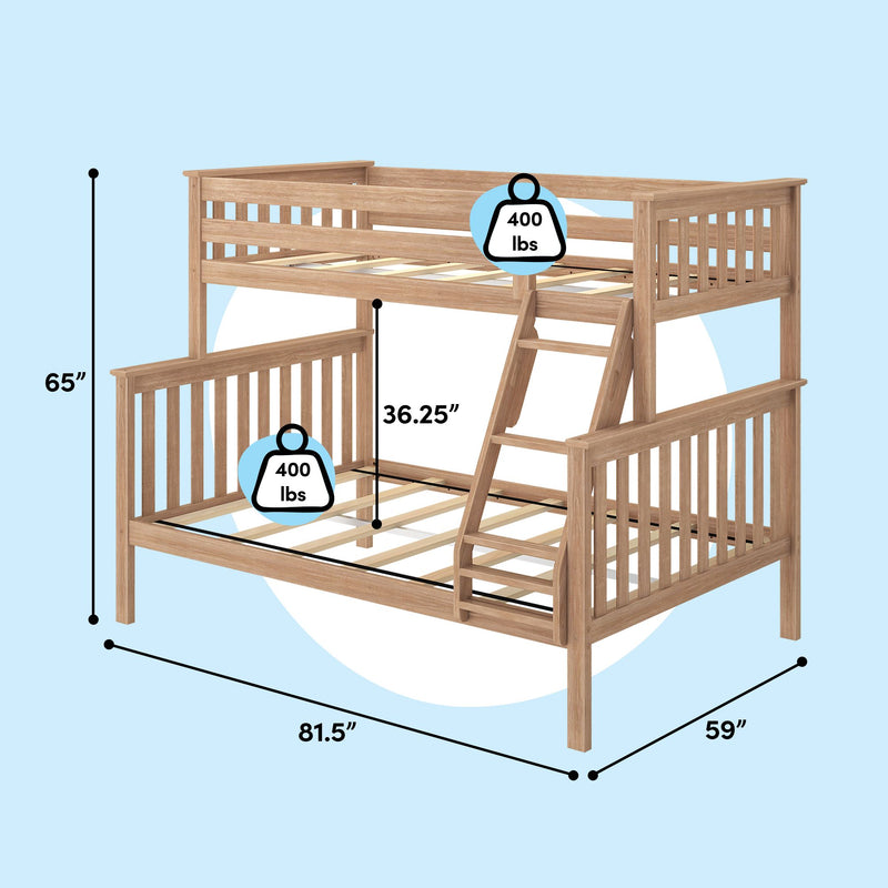 Solid wood twin-over-full loft bunk bed in natural oak finish with ladder and slatted guardrails, 400 lb weight capacity per bed, overall dimensions 81.5 in L x 59 in W x 65 in H