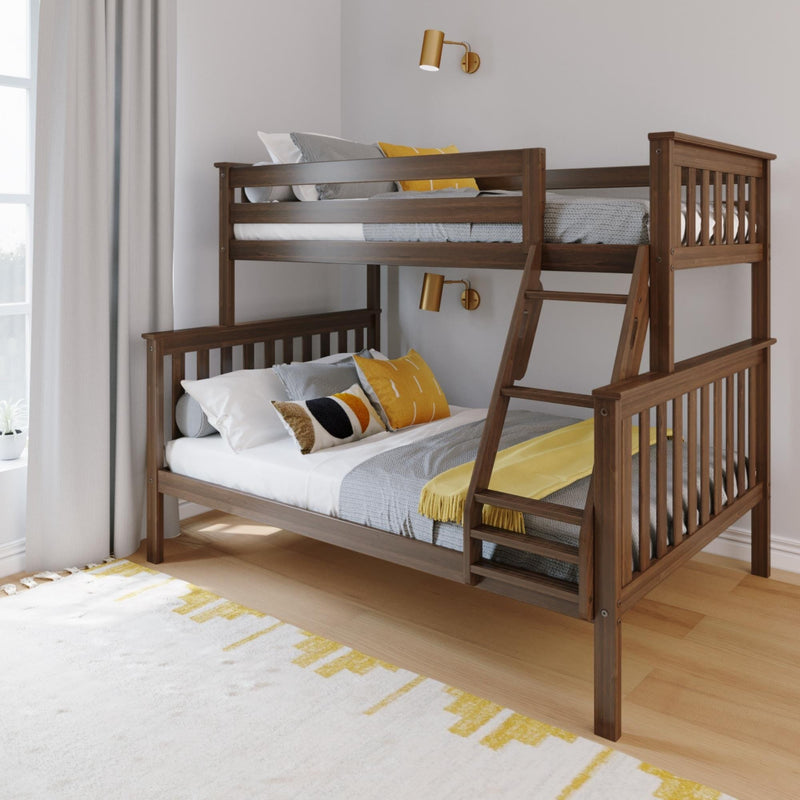 Wooden bunk bed in a modern bedroom with yellow and gray accents, featuring a twin over full design.