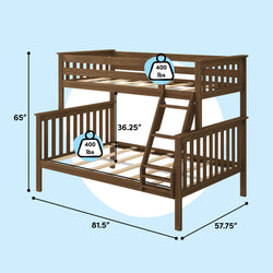Brown wooden twin-over-full bunk bed with side ladder, twin top/full bottom, 400 lb capacity per bed, dimensions 81.5" L x 57.75" W x 65" H, 36.25" middle clearance