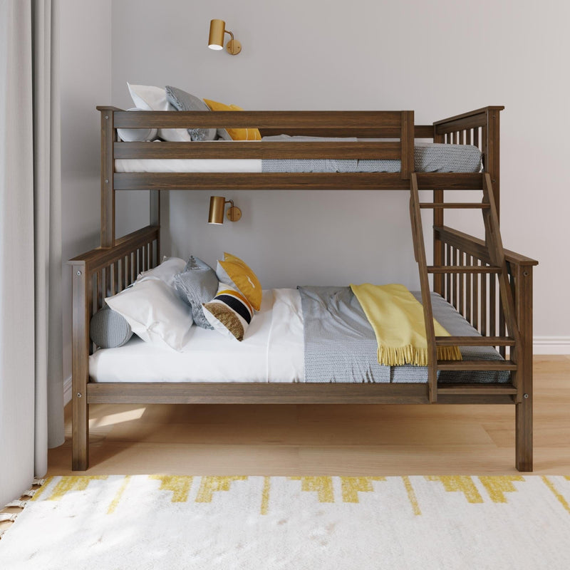 Solid wood bunk bed with ladder in modern kids' bedroom, grey and yellow bedding, brass wall sconces, white curtains and patterned rug