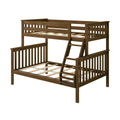Twin-over-full wooden bunk bed with ladder, walnut finish, mission-style slatted headboards and sturdy slat support, space-saving kids' bed