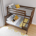 Modern wooden bunk bed with gray and yellow bedding, safety rails and ladder in a bright kids' bedroom